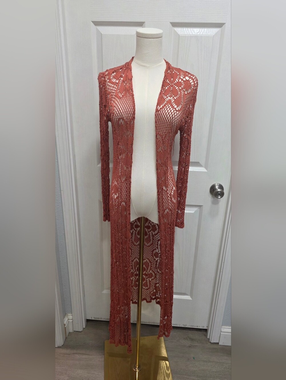 New Collection Dusty Rose Crochet Lace Duster Cardigan Boho Open Front Cover Up